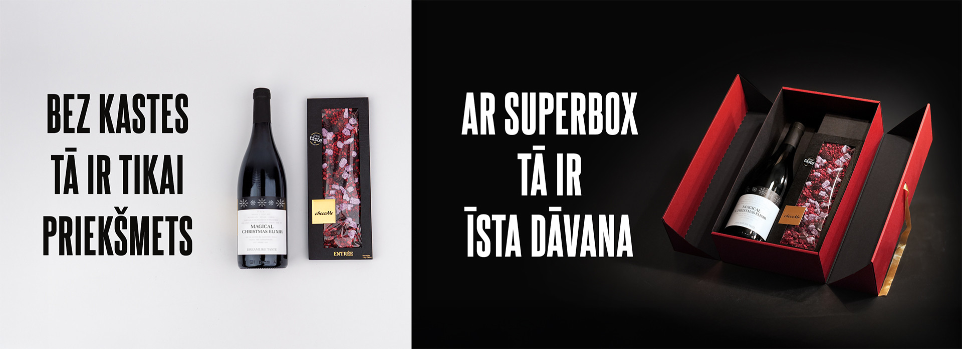 Attēls sadalīts: vienā pusē pudele un šokolāde „bez kastes“, otrā pusē – dāvanu komplekts „ar SUPERBOX“